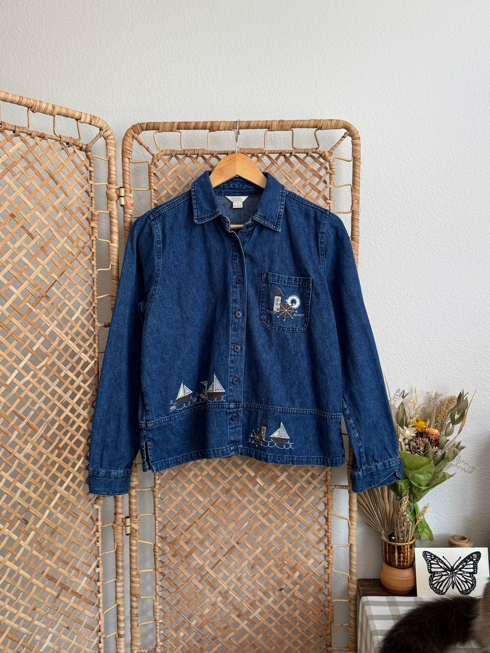 Vintage Nautical Embroidered Dark Denim Shirt Shacket